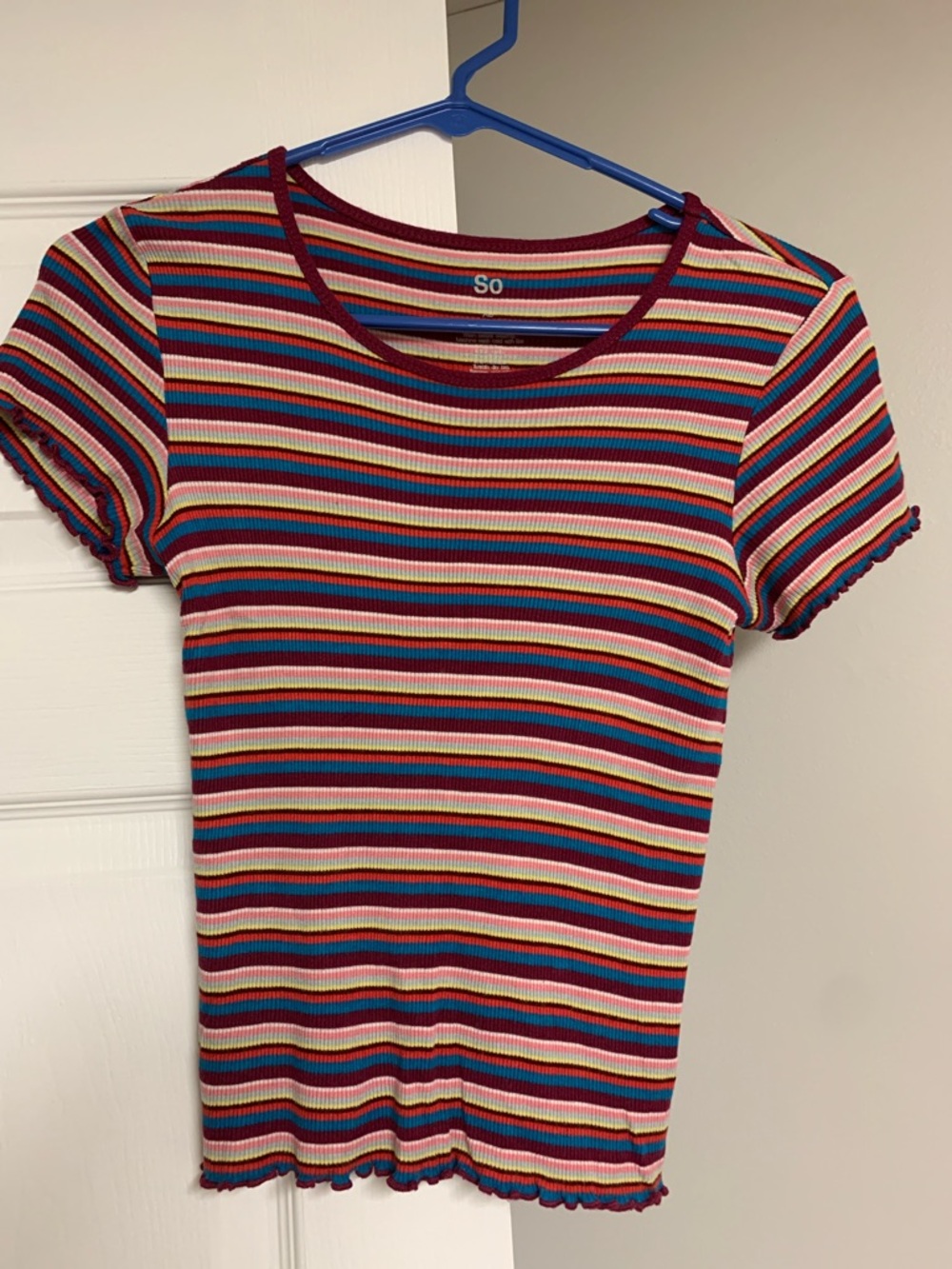SO Women's Multi-Stripe Ribbed Short Sleeve Tee - Red, Blue, Pink, Yellow